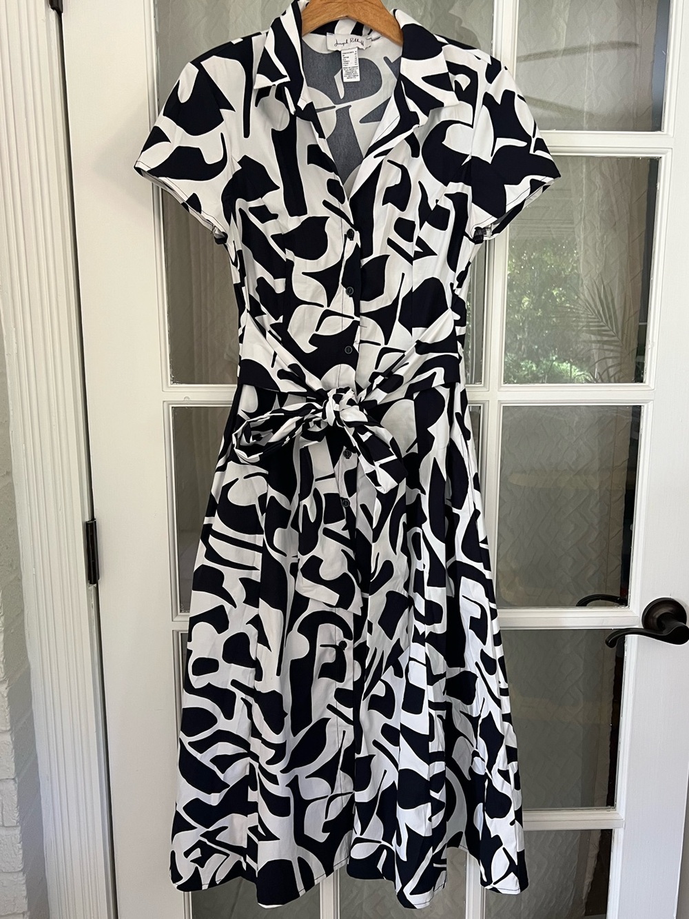 Joseph Ribkoff Blue White Printed Midi Dress Belted Womens Size 8 Pockets S/S